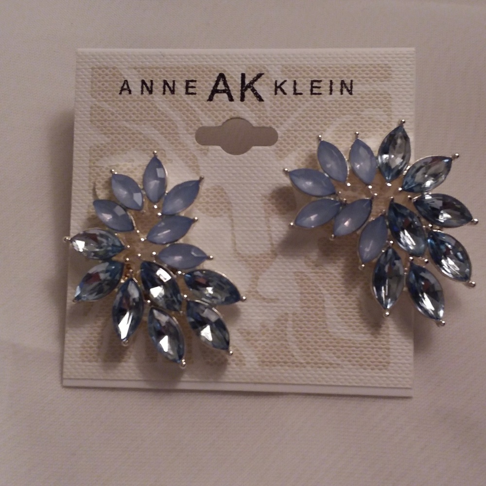 Anne Klein Blue Rhinestone Leaf Pierce Earrings - Picture 2 of 5